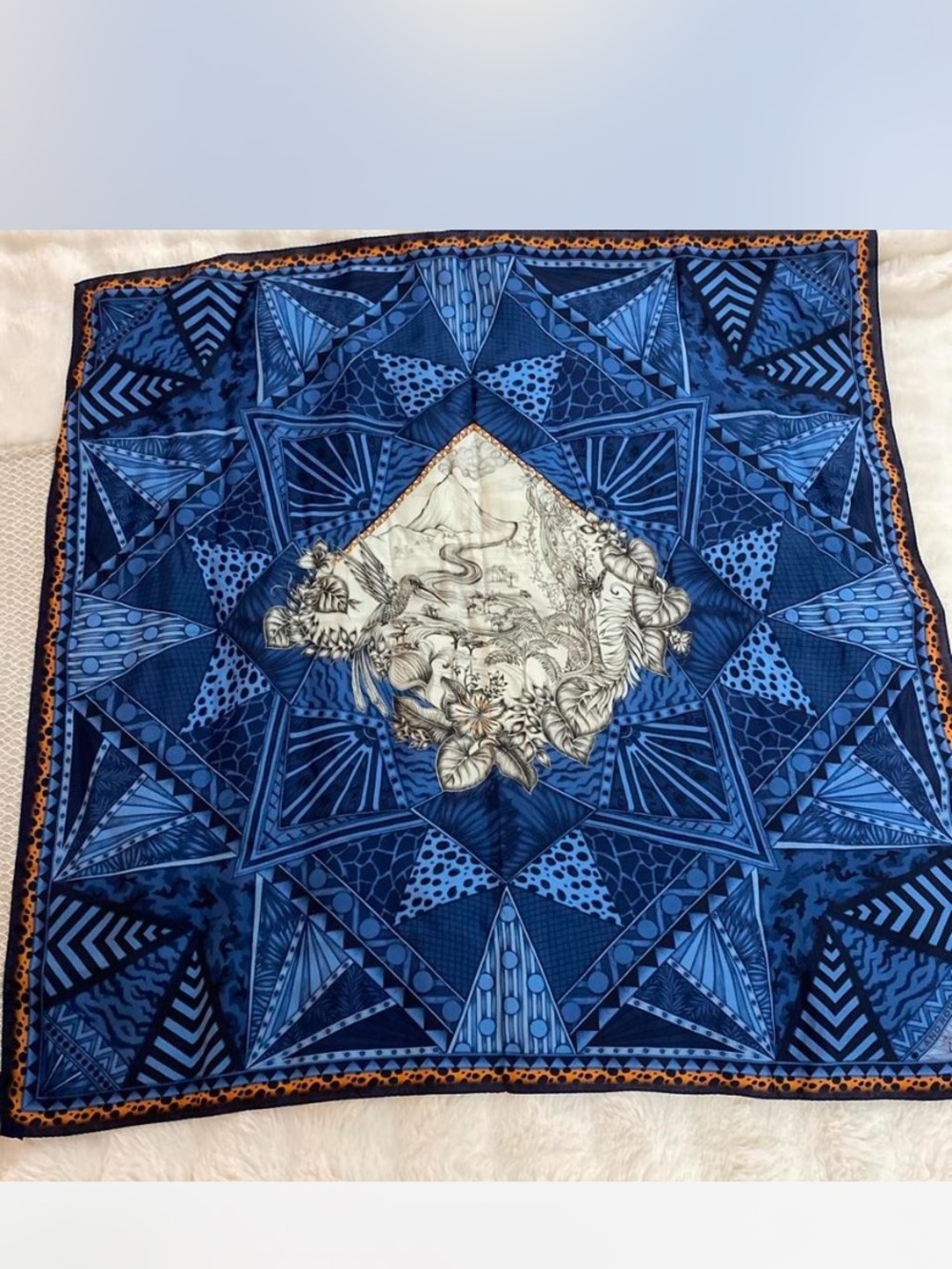 Land Rover Blue Geometric 100% Silk Scarf with Cream Medallion and Orange Trim